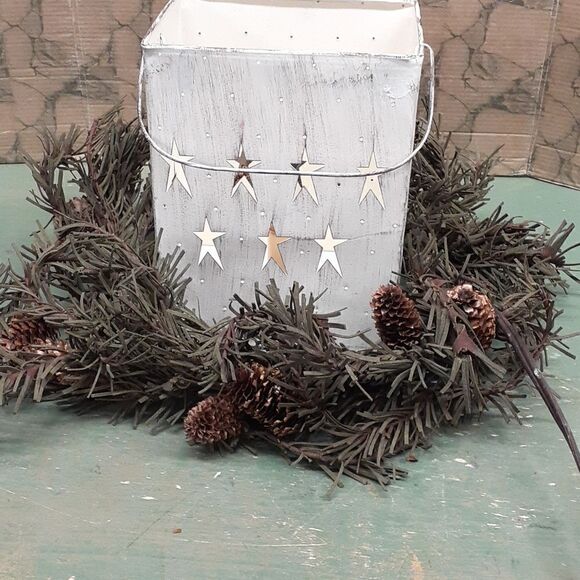 Distressed Lantern of stars with a primitive wreath of greenery. - Picture 2 of 7